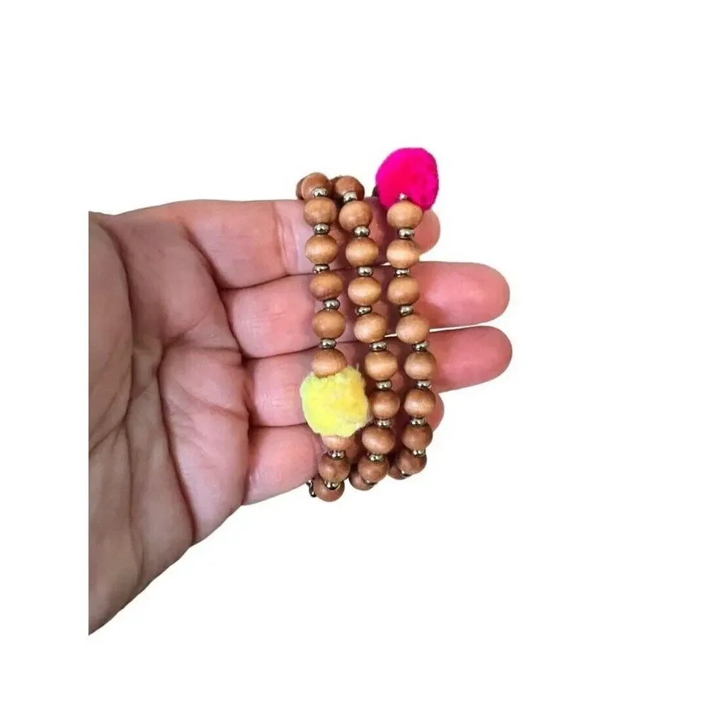 Baublebar Wood Beaded Stretch Bracelet Pom Pom Tribal Three Strand